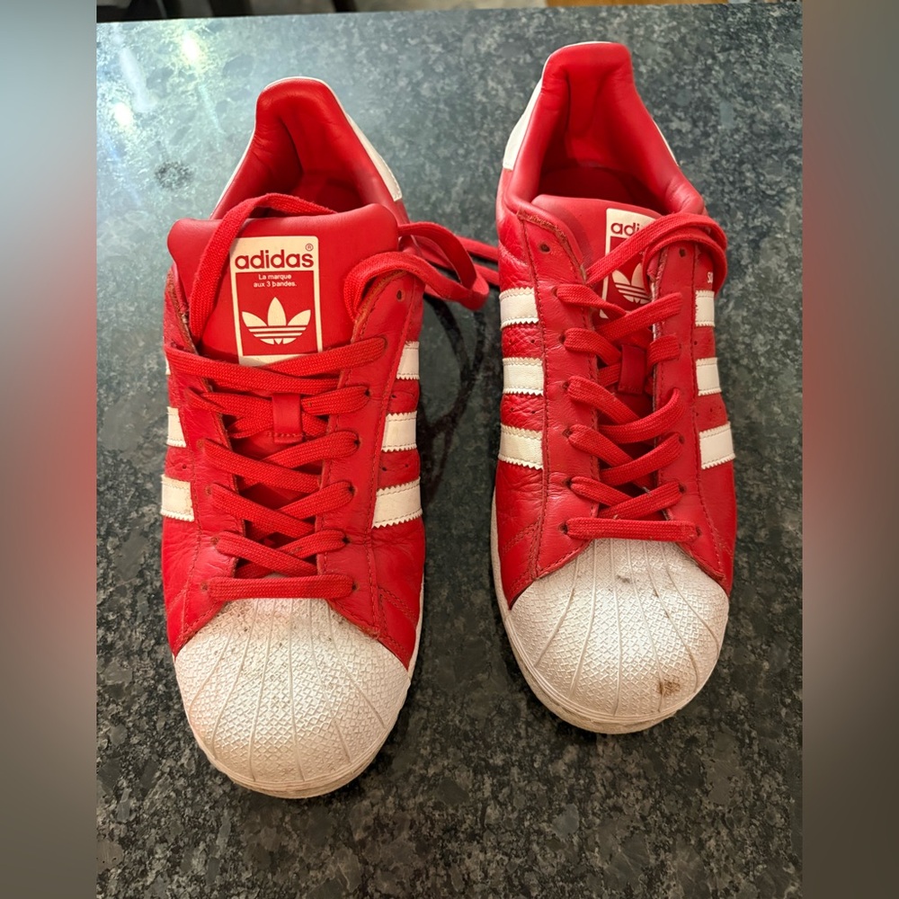Adidas Superstar Red and White Shell Toe Sneakers.  Men’s size 9